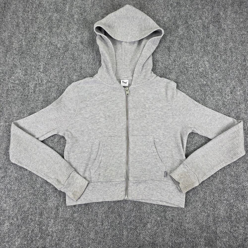 Tna Aritzia Hoodie Womens 2XS Gray Waffle Knit Zip Front Cropped Sweatshirt Prep